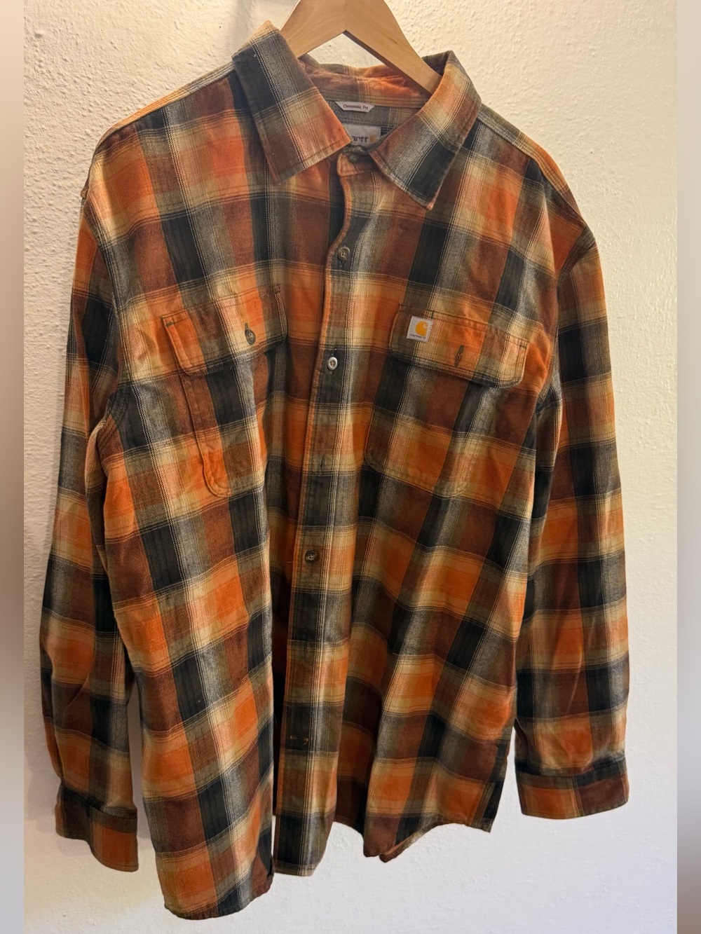 Carhartt Original Fit Plaid Flannel Button Up Shirt XL Orange Brown, Heavy duty.